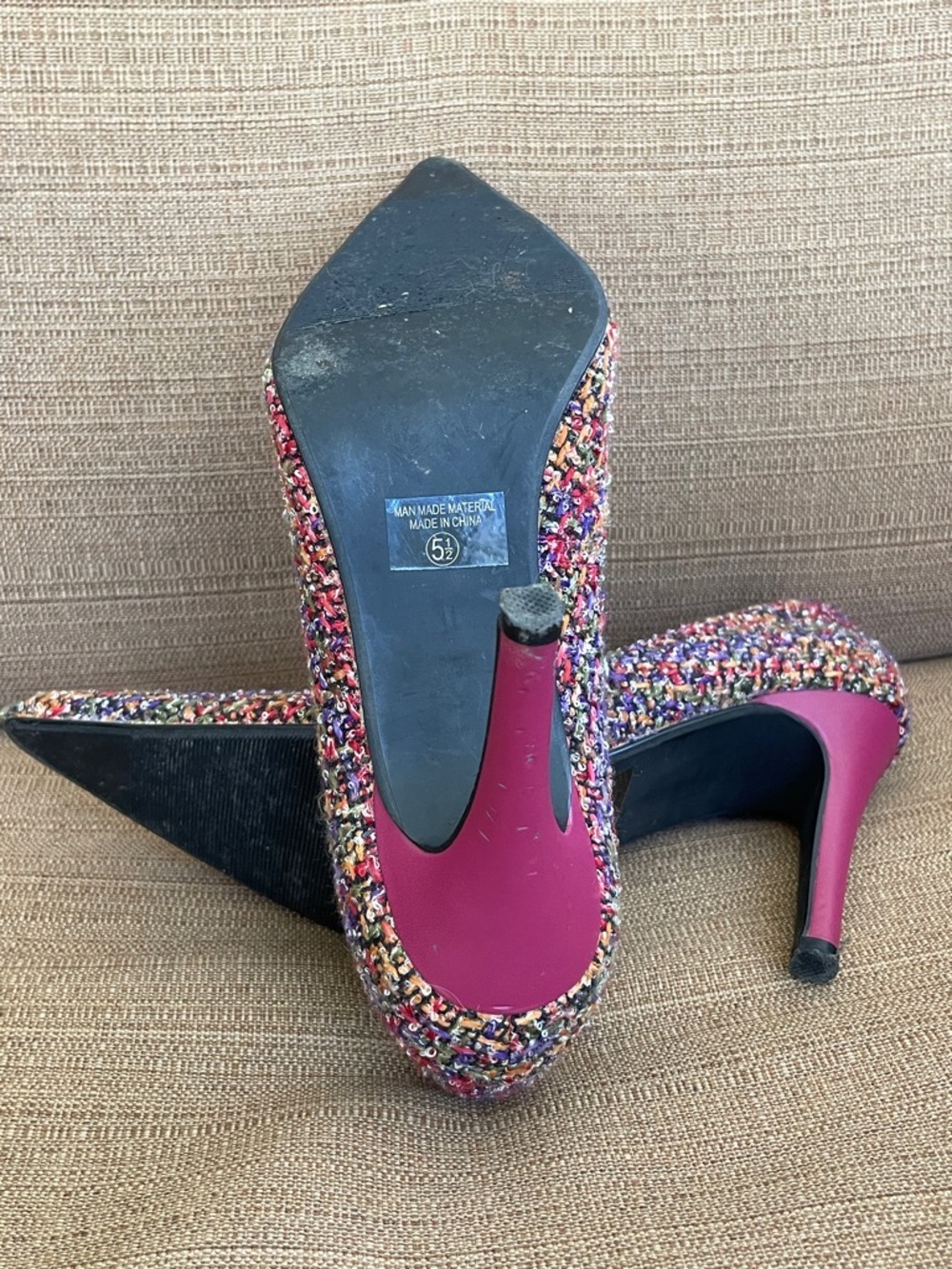 Summer Rio Multicolor Tweed Pointed Toe Pumps with Pink Lining - Picture 8 of 8
